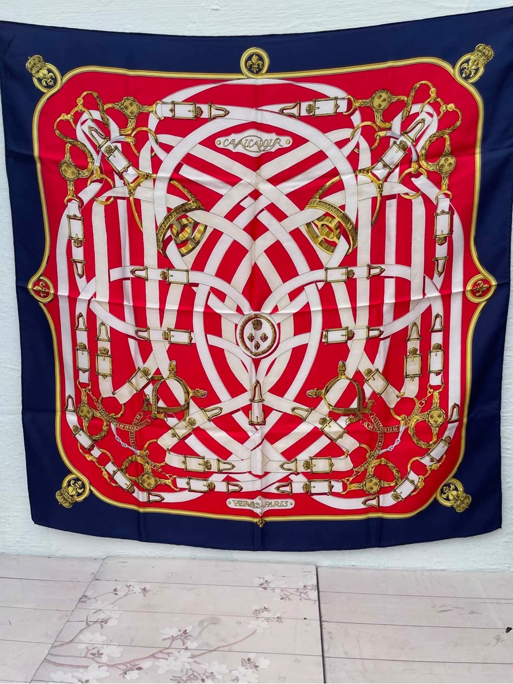 Hermes Red Navy Cream Silk Scarf with Equestrian Print